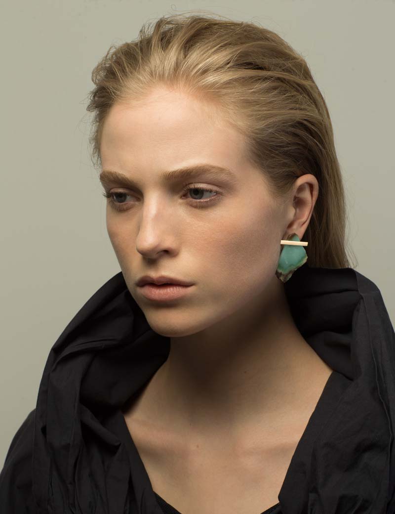 Kathleen Whitaker Rough Cut Chrysoprase Earrings on model Chloe Bratten