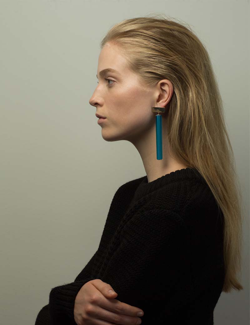 Kathleen Whitaker Vintage Blue Venetian Glass earrings on model 6