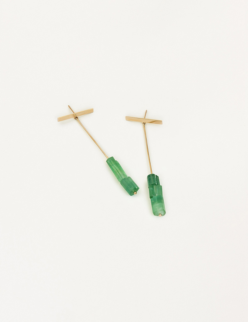Kathleen Whitaker Green Tourmaline Drops with Strand and Long Plate Stud 2
