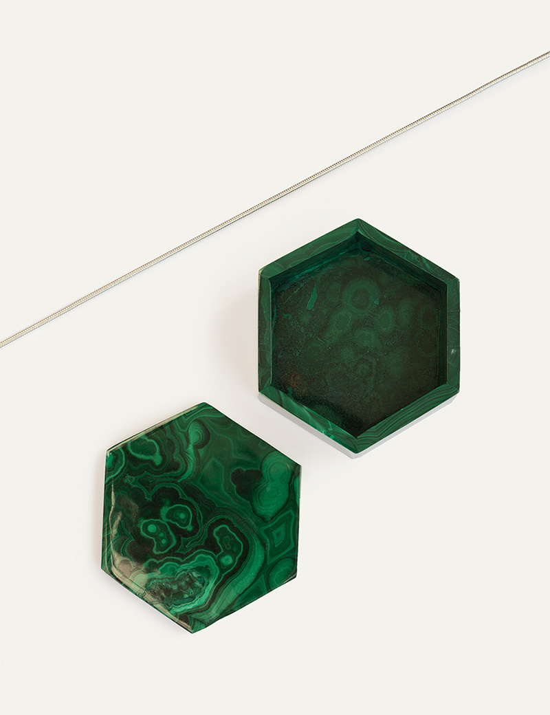 Kathleen Whitaker Gift Set Malachite Hex Box with Snake Chain in silver